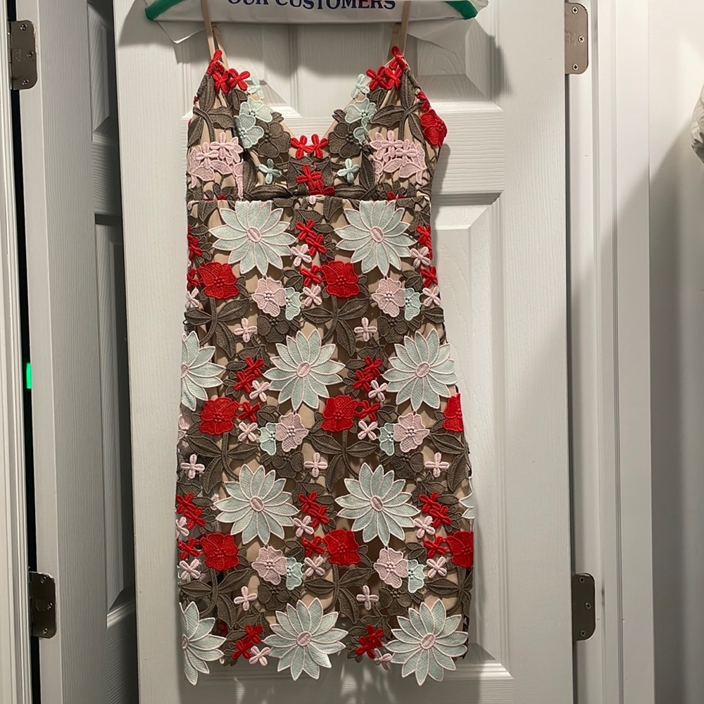 Guess body con mini floral appliqué dress